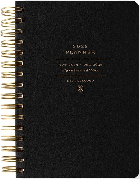 Fringe Studio 17 Month Planner (Aug 2024- Dec. 2025), "BLACK", Faux Leather Cover, 5.75" X 8.25", with Stickers & Interior Pocket, 236 pages, Signature Edition Collection (566FL001FSC)