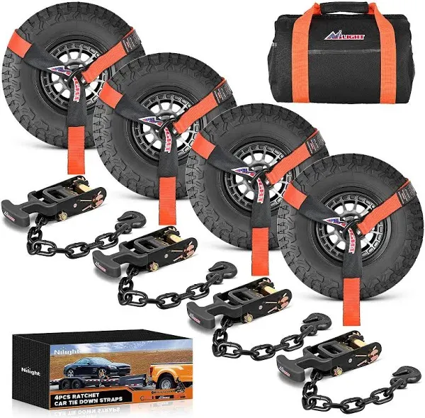 Nilight 4 Pack Car Tie Down Straps for Trailers with Chain Anchors 2" x 96"Lasso Style Wheel Straps 3,674 lbs Safe Working Load Adjustable Wheel Straps with Chain Hook Anchors for Truck, Cars, UTV