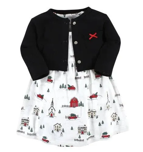 Hudson Baby Baby Girls' Christmas Scene Cotton Dress and Cardigan Set