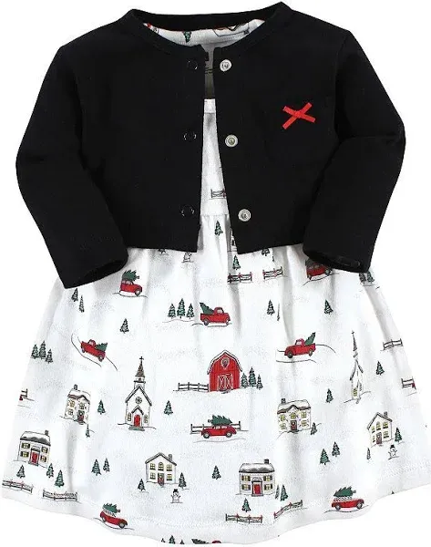 Hudson Baby Baby Girls' Christmas Scene Cotton Dress and Cardigan Set