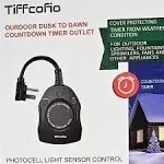 TiFFCOFiO Outdoor Christmas Light Timer, Dusk to Dawn Sensor Countdown, Outdoor Timers for Electrical Outlets Waterproof, 2 Grounded Outlets for