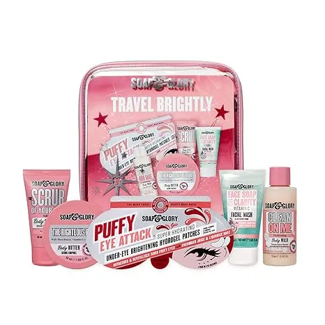 Soap & Glory Travel Brightly Gift Set - Travel Size Body Wash, Vitamin C Facial Cleanser, Body Butter, Exfoliating Body Scrub & Under Eye Patches - TSA Approved Skin Care (5 Count)