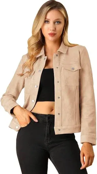 Allegra K Women's Faux Suede Turn-Down Collar Jacket with Flap Pocket