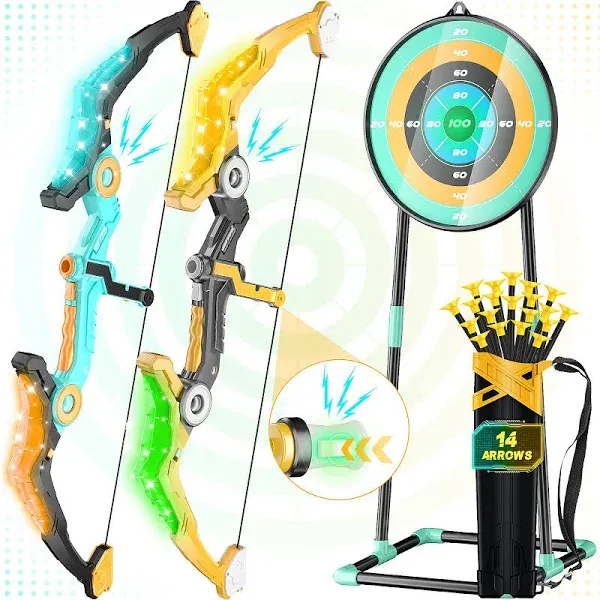 2 Pack Upgraded Kids Bow and Arrow Sets with Sound Effects& Color-Changing LED Flash Lights