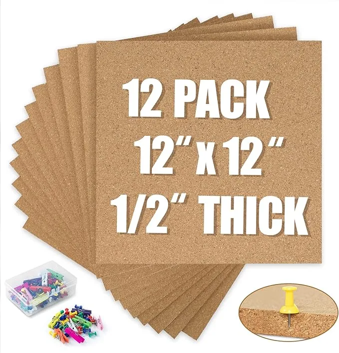 AKTOP Cork Board Bulletin Board 12x12, 1/2" Thick Cork Board Tiles 12 Pack, Small Square Pin Board for Wall, Self Adhesive Corkboards with 120 Push Pin Wood Clips for School, Home & Office