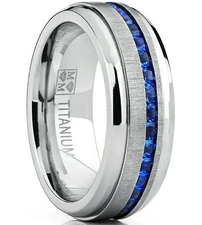 Metal Masters Men's Eternity Titanium Wedding Band Engagement Ring W/Blue Simulated Sapphire Cubic Zirconia Princess CZ