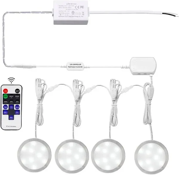 AIBOO Linkable LED Under Cabinet Lights Hardwired 12V Slim Aluminum Dimmable Puck Lights with Remote Control for Cupboard Lighting (4 Lights, Daylight White, NO Wall Plug)