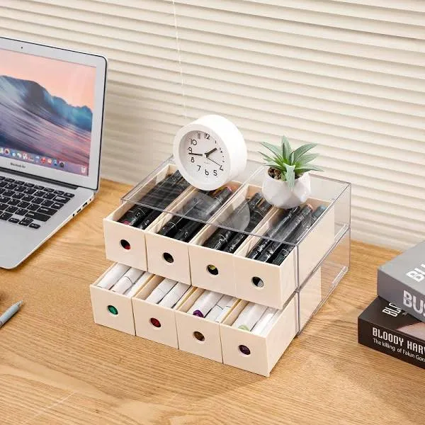 2 Pack Plastic Desk Organizer with 4 Drawers, Stackable Home Office Storage Box,