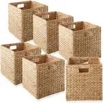 Casafield 12" x 12" Water Hyacinth Storage Baskets, Natural - Set of 6 Collapsible Cube Organizers, Woven Bins for Bathroom, Bedroom, Laundry,