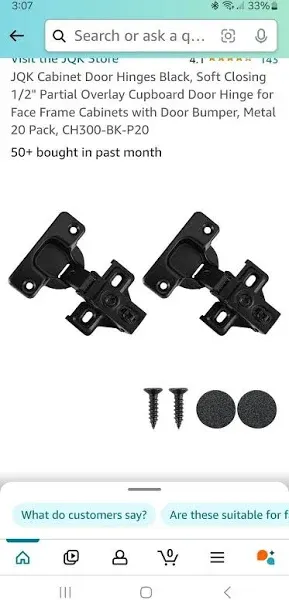 JQK Cabinet Door Hinges Black, Soft Closing 1/2&#034; Partial Overlay Cupboard Doo...