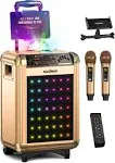 Masingo Portable Karaoke Machine for Adults & Kids 2 Wireless Microphones & LED Lights in Gold