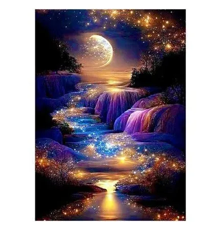 CHWGLFGG 5D Diamond Painting Kits Moonlight Waterfall DIY Full Round Drill Night Moon Landscape