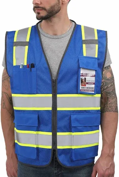 Dib Safety Reflective Mesh Vest High Visibility Two Tone with Pockets and Zipper, Blue Mesh with Yellow Trim L