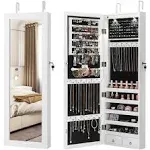 Costway Wall Mount Mirrored Jewelry Cabinet Organizer LED Lights - White