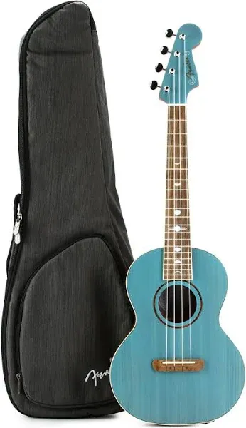 Sapphire Blue Fender Dhani Harrison Tenor Ukulele With A Walnut Fingerboard.