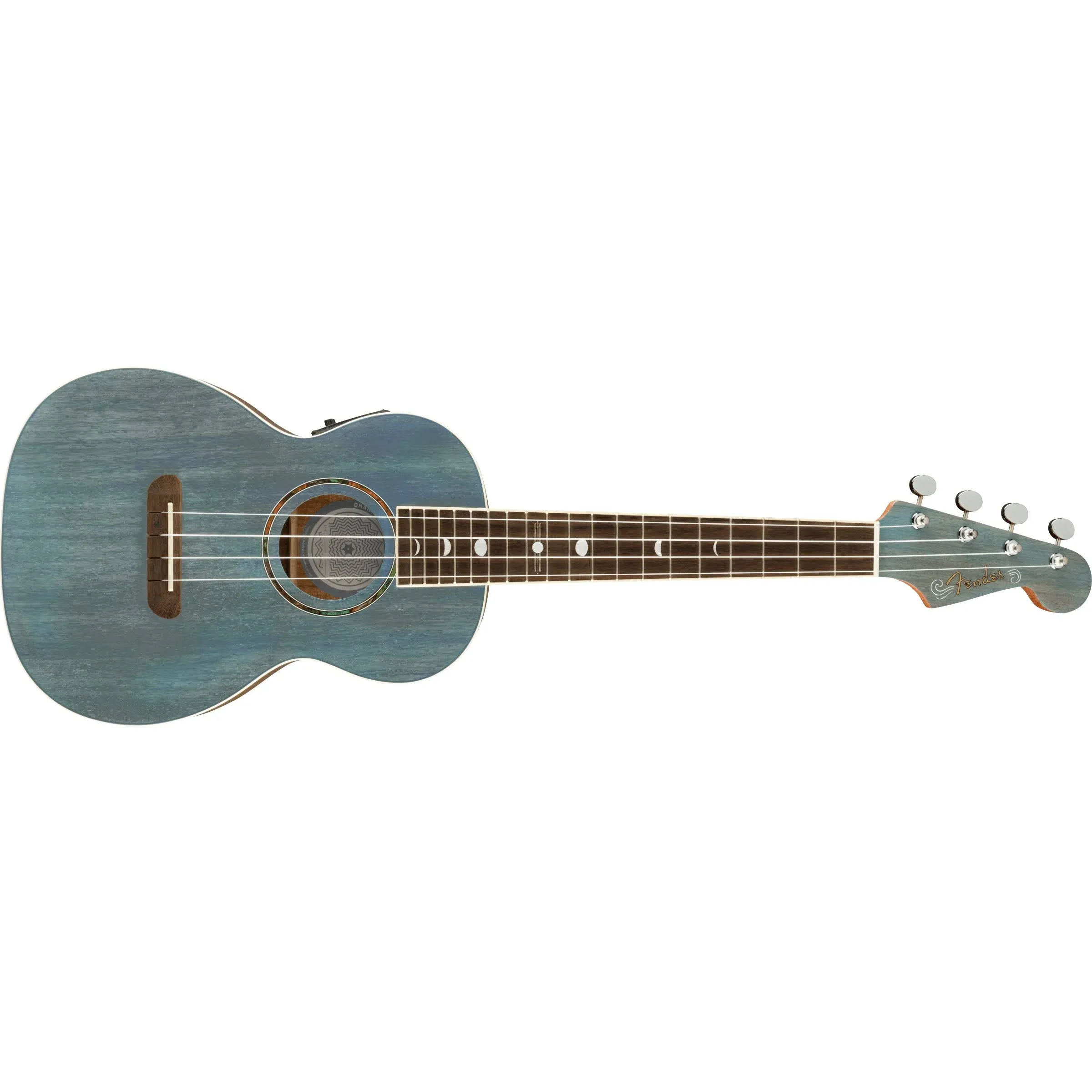 Sapphire Blue Fender Dhani Harrison Tenor Ukulele With A Walnut Fingerboard.