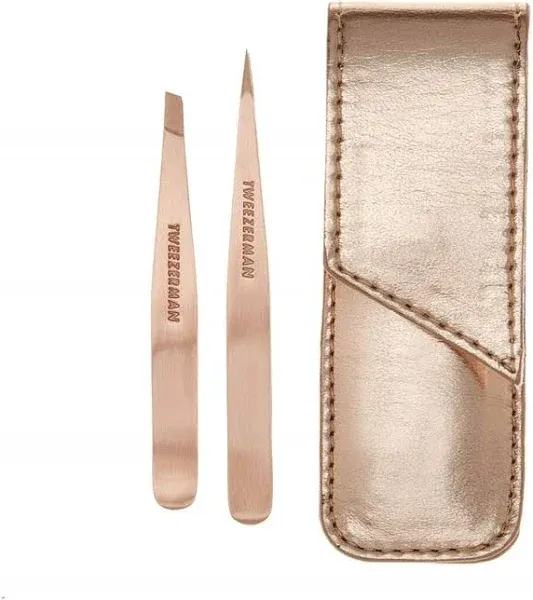 Tweezerman Petite Tweezer Set. Slant &amp; Point Tip Tweezers + Pink Leather Case