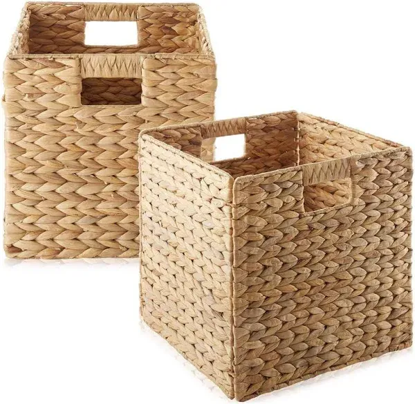 Casafield 12" x 12" Water Hyacinth Storage Baskets, Natural - Set of 2 Collapsible Cube Organizers, Woven Bins for Bathroom, Bedroom, Laundry,