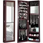 Costway Wall Door Mounted Mirrored Jewelry Cabinet Storage Organizer - Brown