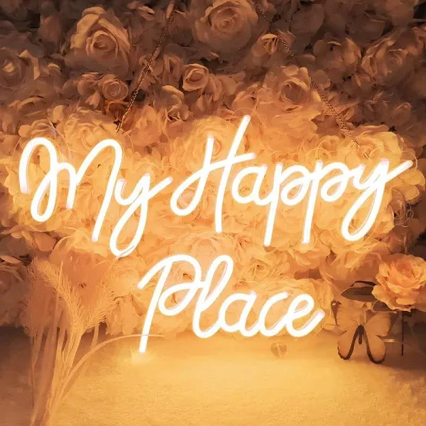  Large LED Neon Light Sign My Happy Place 23.2&#034;X8.7&#034; + 10.2&#034;X5.9&#034; Warm White