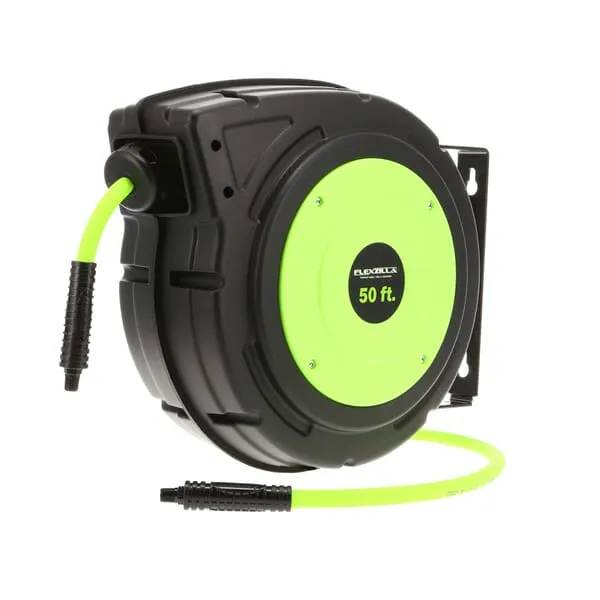 Flexzilla Retractable Enclosed Plastic Air Hose Reel, 3/8 in. x 50 ft., Heavy Duty, Lightweight, Hybrid, ZillaGreen - L8250FZ