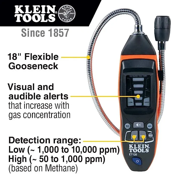 KLEIN TOOLS Combustible Gas Detector: Detects Methane, Propane, Butane and More, (4) AAA