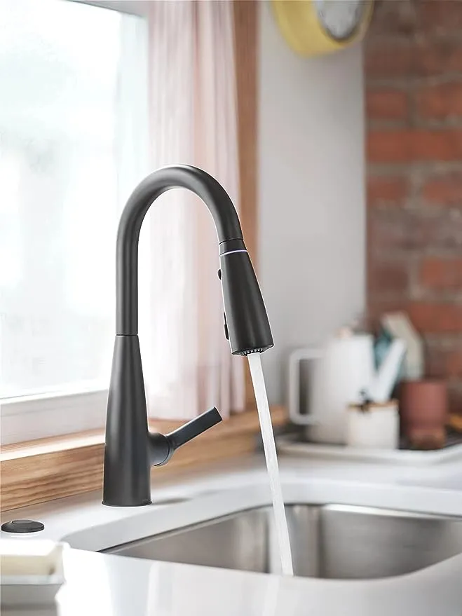 Moen Haelyn Matte Black Single-Handle Pull-Down Sprayer Kitchen Faucet with an LED Light ColorCue Temperature Indicator and Soap Dispenser, 87627EIBL