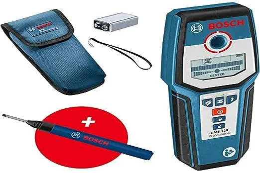 Bosch Professional Stud Finder GMS 120 (Drill Hole Marker, Max. Detection Depth wood/magnetic metal/non-magnetic metal/live Cable: 38/120/80/50 mm,