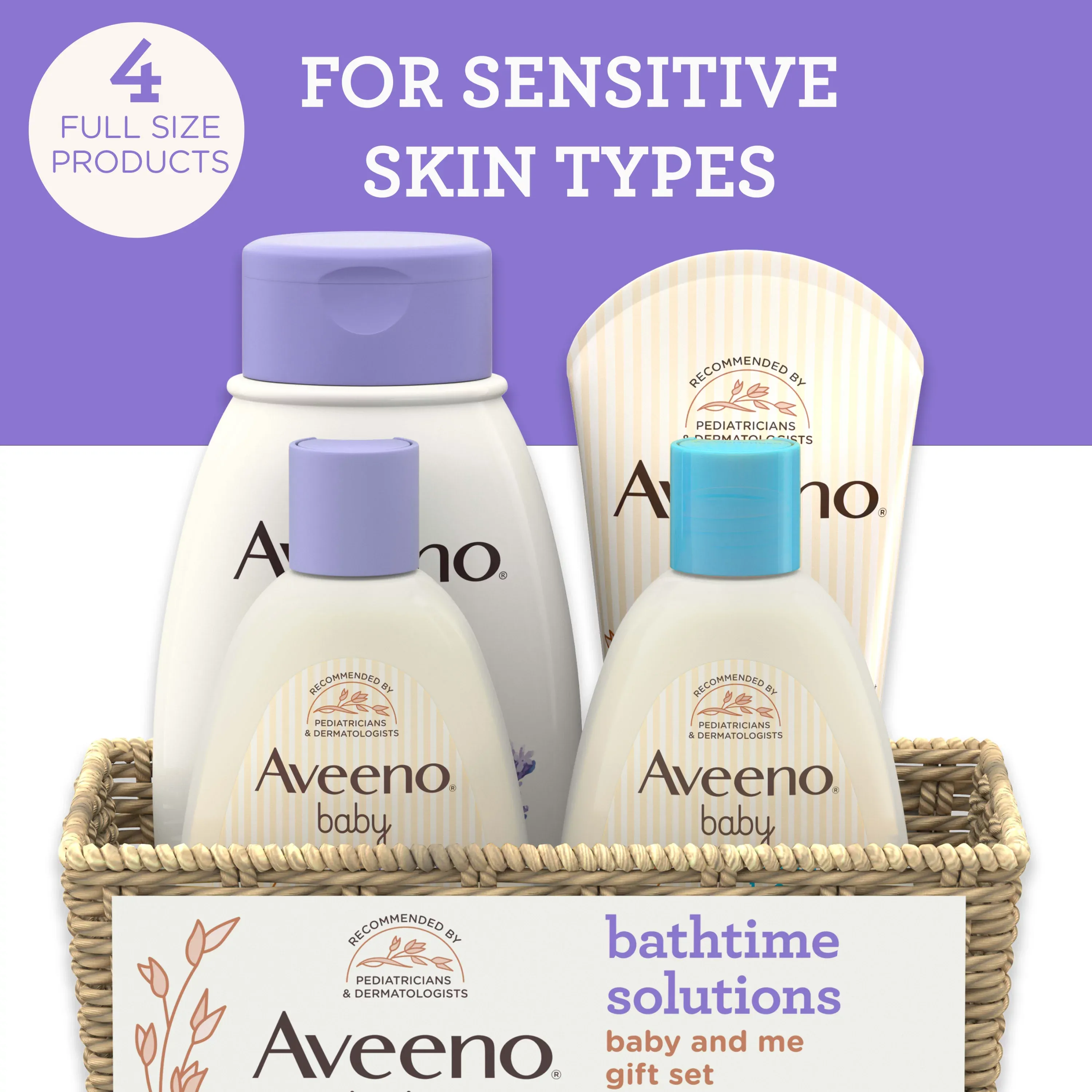 Aveeno Baby Mommy & Me Set de regalo diario para la hora del baño que incluye jabón y champú para bebé, baño y lavado calmante para bebé, loción hidratante para bebé y gel de baño para aliviar el estrés para mamá, 4 artículos