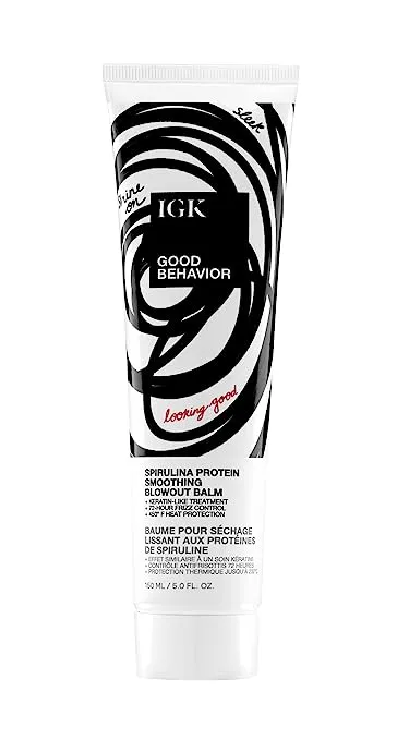 IGK GOOD BEHAVIOR Spirulina Protein Smoothing Blowout Balm | Keratin Like Treatment + Frizz Control + Heat Protectant | Vegan + Cruelty Free | 5 Oz