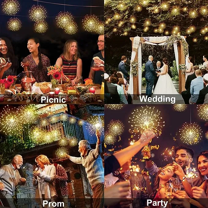 DenicMic Firework Lights 200 LED Copper Wire Starburst Light, 8 Modes Battery Operated Fairy Star Sphere Lights with Remote, Warm White Hanging Ceiling Decorations for Bedroom, Christmas, Party 2 Pack