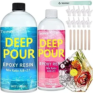 Teexpert Deep Pour Epoxy Resin, 51oz Epoxy Resin Kit for 2-4" Pour Depths, Crystal Clear & High Gloss, Bubble-Free Casting Resin for Flower