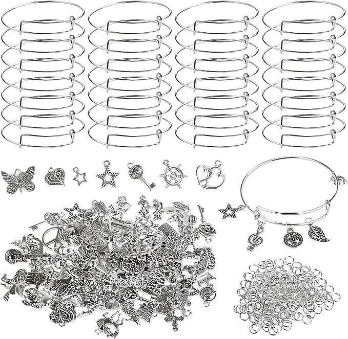 Charm Bracelet Making Kit,UPINS 30Pcs Silver Expandable Blank Bracelets Adjustable Wire Bangles with 100Pcs Tibetan Silver Charms, 200Pcs Open Jump Rings for Jewelry Making