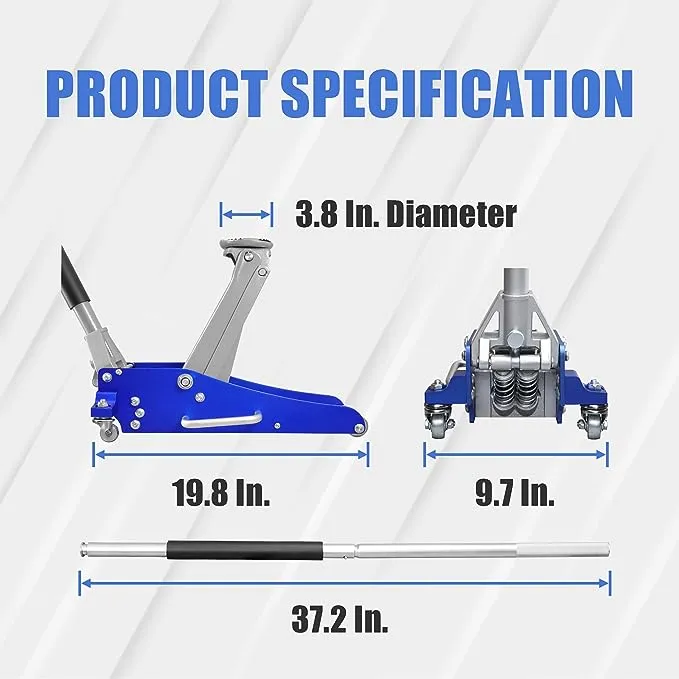 BIG RED T815016L Torin Hydraulic Low Profile Aluminum and Steel Racing Floor Jack with Dual Piston Quick Lift Pump, 1.5 Ton (3,000 lb) Capacity, Blue