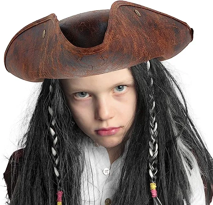 Skeleteen Faux Leather Pirate Hat - Brown Distressed Leather Colonial Style Tricorn Hat