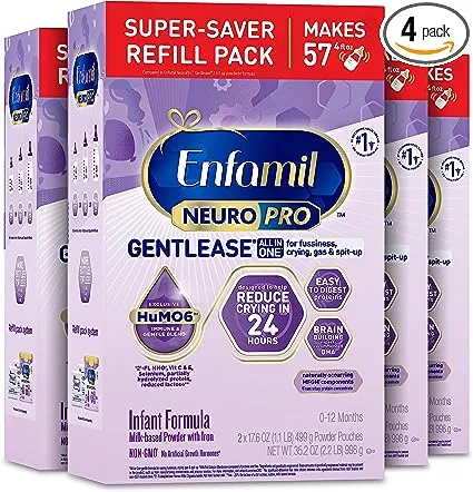 Enfamil NeuroPro Gentlease Baby Formula, Infant Formula Nutrition, Brain Support that has DHA, HuMO6 Immune Blend, Designed to Reduce Fussiness, Crying, Gas & Spit-up in 24 Hrs, 35.2 Oz, 4 Boxes