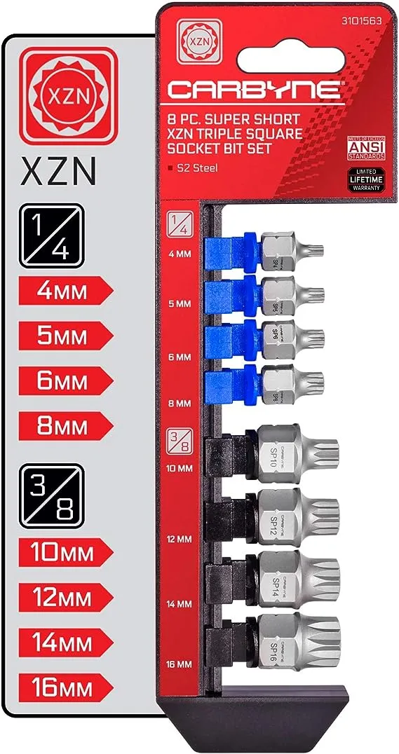 Carbyne Super Short Low Profile Torx Bit Socket Set - 12 Pieces | T-10 to T-60 Sizes, Internal Square Drive & External Hex Drive