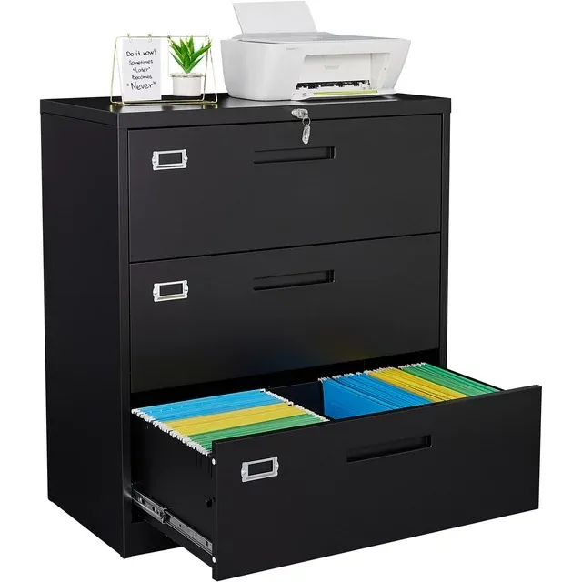 Letaya Lateral 3 Drawer File Cabinets with Lock, Metal Filing Storage Vertical Cabinets,Home Office Furniture for Organization Hanging Letter/Legal/F4/A4(Black)