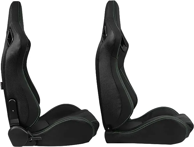IKON MOTORSPORTS, Universal Racing Seats with Dual Sliders, Reclinable Black with Green Stitch PU & Carbon Leather Sport Bucket Seats, 1 Pair Driver + Passenger SideIKON MOTORSPORTS, Universal Racing Seats with…