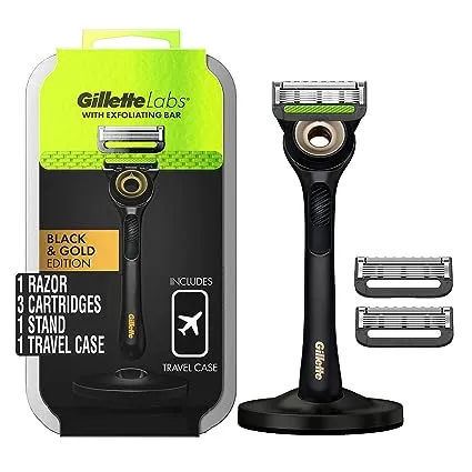 Gillette Labs Rasierer für Männer mit Peeling-Bar Gold Edition, inklusive 1 Griff, 3 Rasierklingen-Nachfüllungen, 1 Reiseetui, 1 Premium-Magnetständer