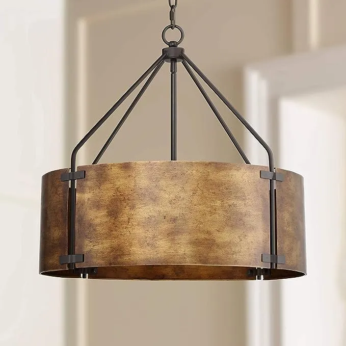 Possini Euro Design Julian Bronze Pendant Chandelier 22 inch Wide Rustic Farmhouse Metal Drum Shade 4-Light Fixture for Dining Room House Kitchen