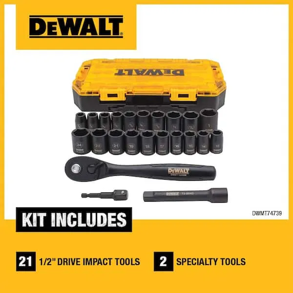 DEWALT Impact Socket Set, 1/2" Drive, For SAE and Metric Fasteners, 23-Piece, Retaining Pin Compatible, DirectTorque Technology for Better Grip(DWMT74739),One Size