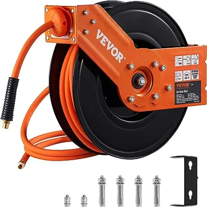 VEVOR Retractable Air Hose Reel, 3/8 IN x 50 FT Hybrid Air Hose Max 300PSI, Air Compressor Hose Reel with 5 In Lead in, Ceiling/Wall Mount Heavy Duty Double Arm Steel Reel