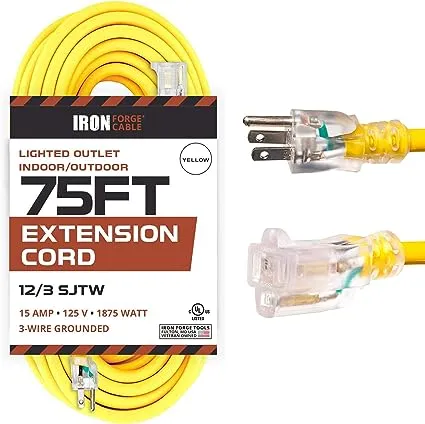 75 Foot Lighted Outdoor Extension Cord - 12/3 SJTW Heavy Duty Yellow