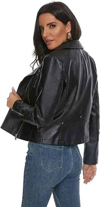 Fahsyee Women's Faux Leather Jackets, Zip Up Motorcycle Short PU Moto Biker Outwear Fitted Slim Coat