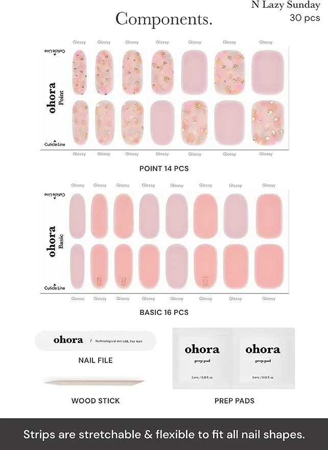 ohora Semi Cured Gel Nail Strips (N Lazy Sunday) - Works with Any Nail Lamps, Salon-Quality, Long Lasting, Easy to Apply & Remove - Includes 2 Prep Pads, Nail File & Wooden Stick - Pink