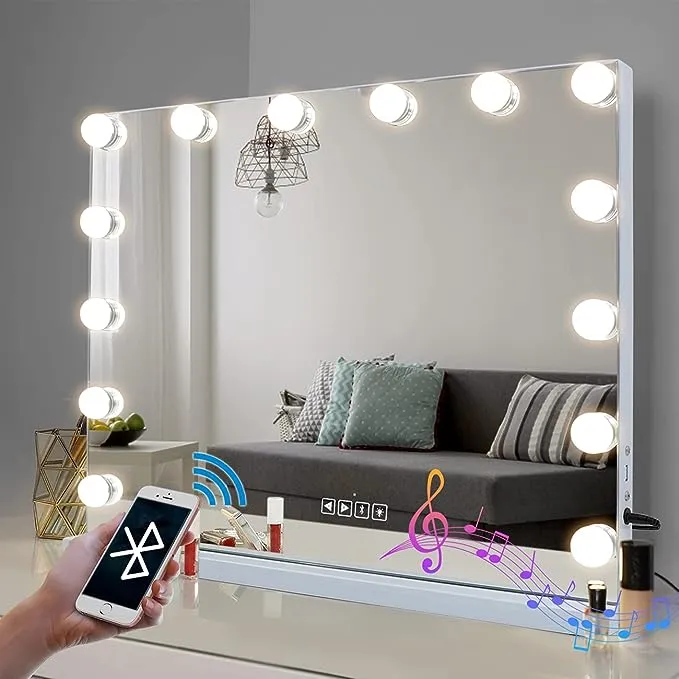 Fenair Hollywood Vanity Mirror with Lights with Speaker, Lighted Makeup Mirror with 15 Bulbs, 3 Light Colors, Adjustable Brightness, USB Port, Tabletop Wall Mount Bedroom Beauty Mirror