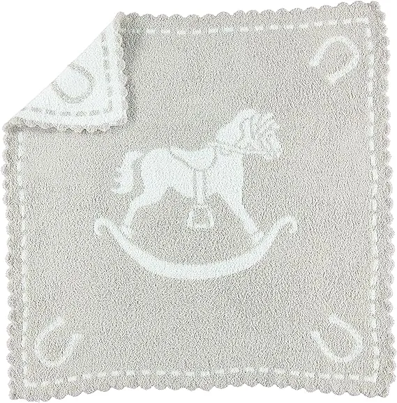 Barefoot Dreams CozyChic Scalloped Baby Receiving Blanket - Stone & Rocking Horse, White