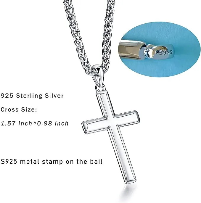 Rnivida Cross Necklace for Men, 925 Sterling Silver Cross with Stainless Steel Wheat Chain