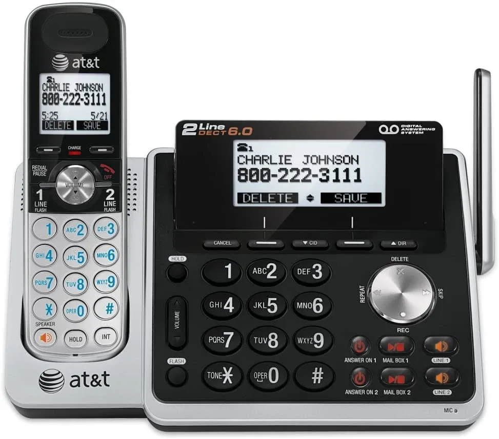 AT&T TL88102 DECT 6.0 2-Line Expandable Cordless Phone with Answering System and Dual Caller ID/Call Waiting, 1 Handset, Silver/Black